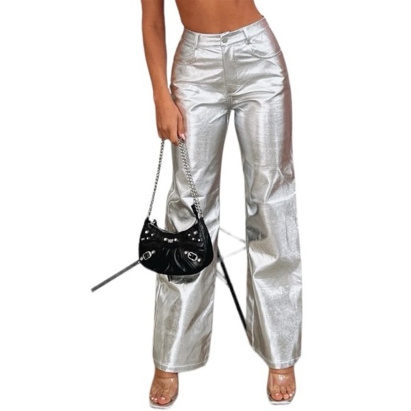 WAYF Women’s Silver Metallic Faux Leather Wide Leg High Waist Pants Size L - Picture 3 of 8